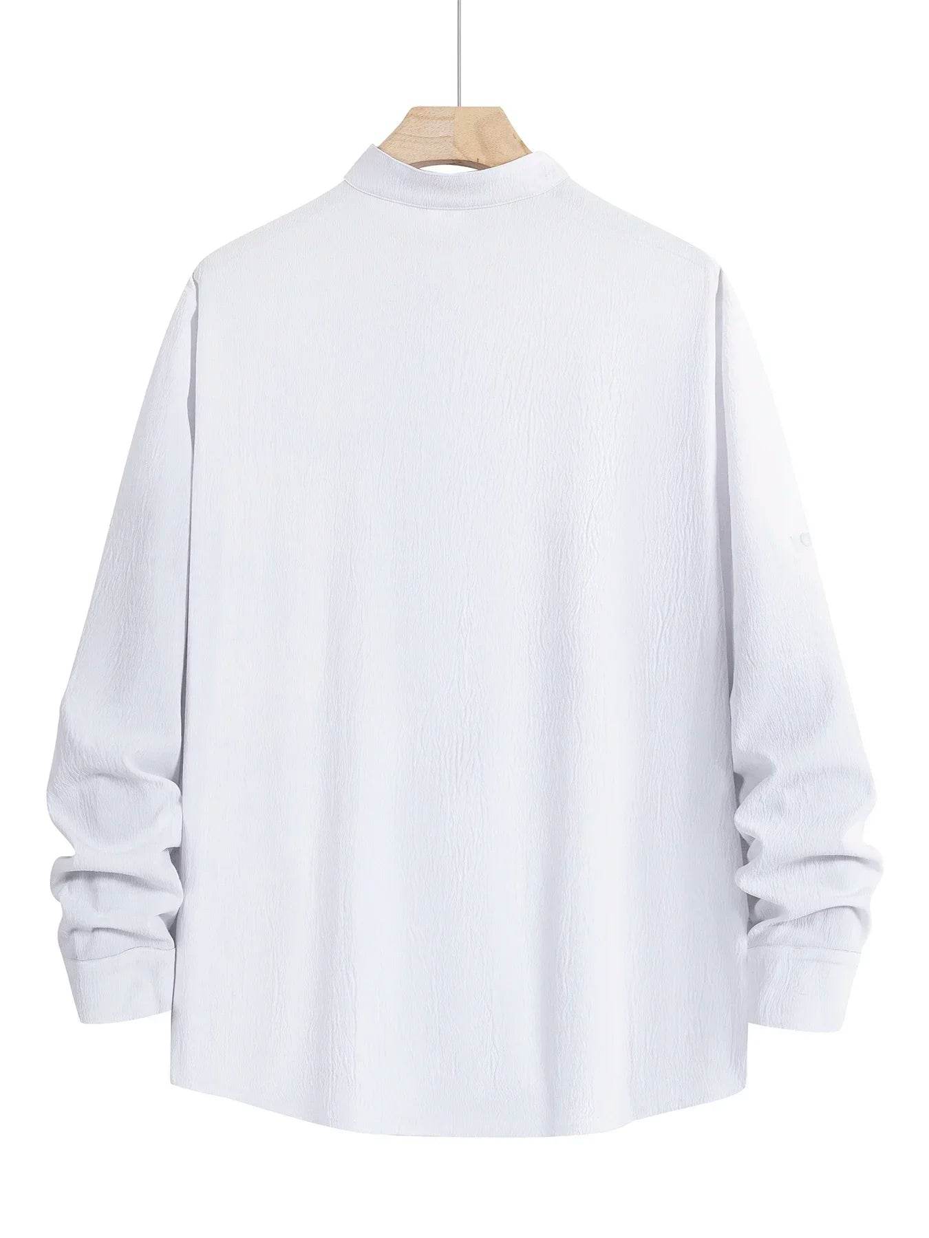 Men's Linen Shirt Summer 2025 Casual Short Sleeve Breathable Stand Collar Loose Fit Trendy Solid Color Youth Top with Pocket - AIAZ