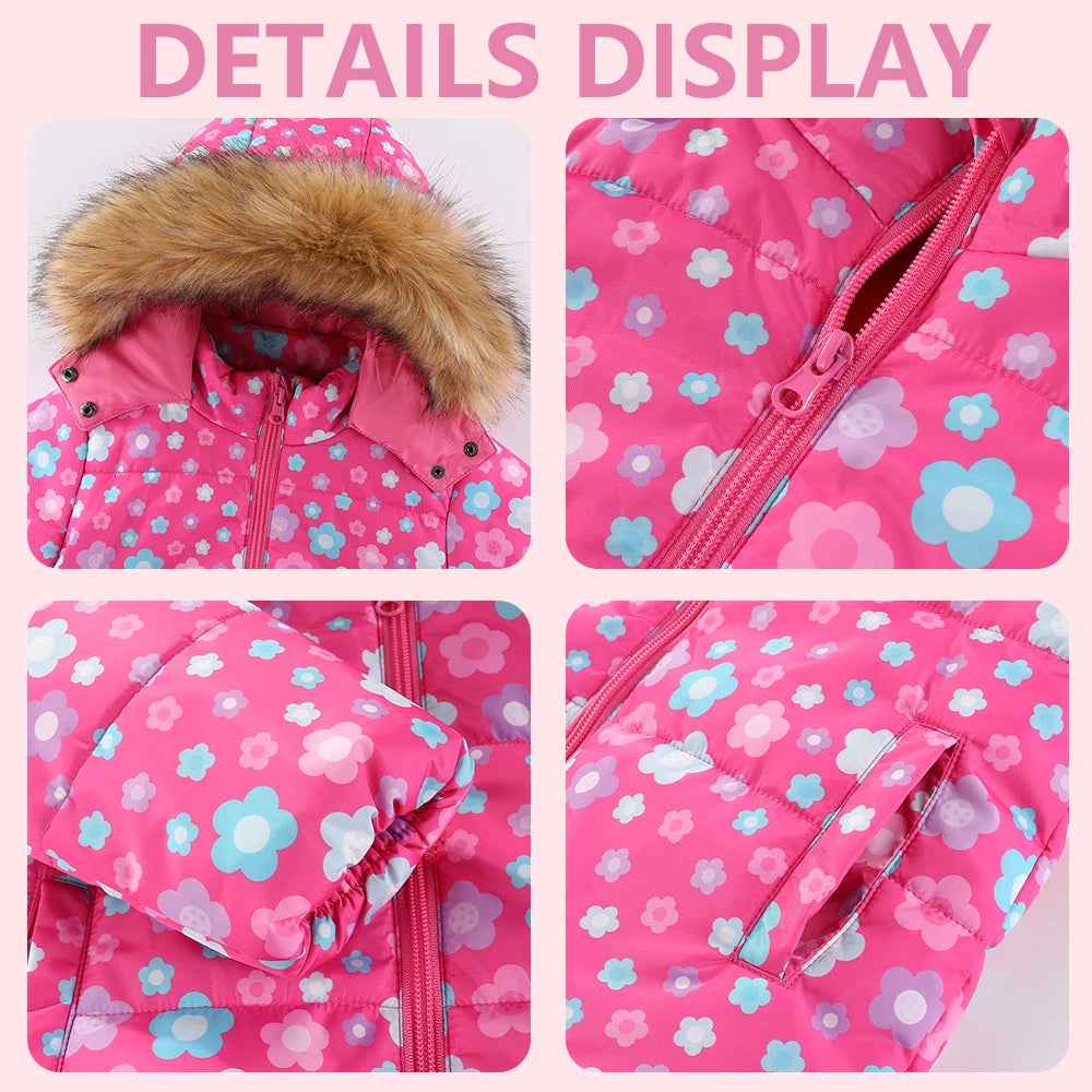 4-8T Kids Girls Ski Suits Hooded Snowboard Coats Children Winter Warm Pant Outdoor Sportwear Thick Cotton Snowboard Skiing Suit