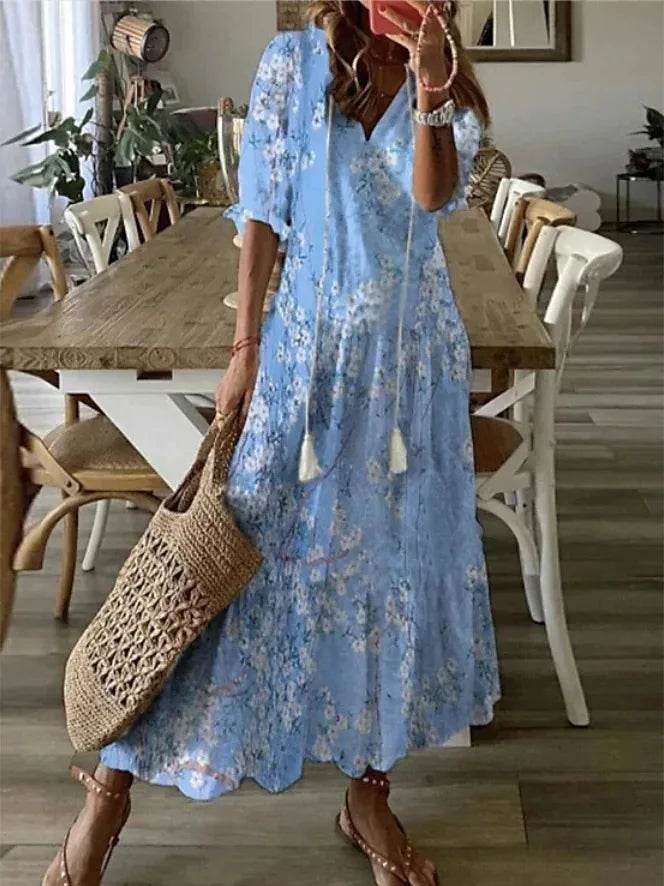New Women's Spring Summer Dress Sexy V-neck Drawstring Printed Long-sleeved Dress Casual Loose Fashion Elegant Fresh Sweet Dress - AIAZ