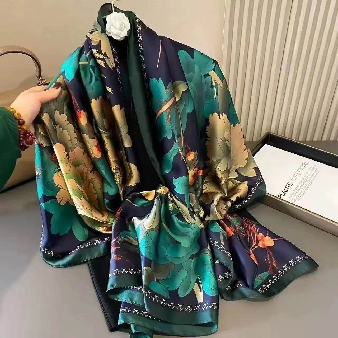 New Summer Women's Silk Scarf Sun Protection Satin Print Extra Long Beach Cover Up Decorative Mom's Shawl Fashionable Accessory - AIAZ