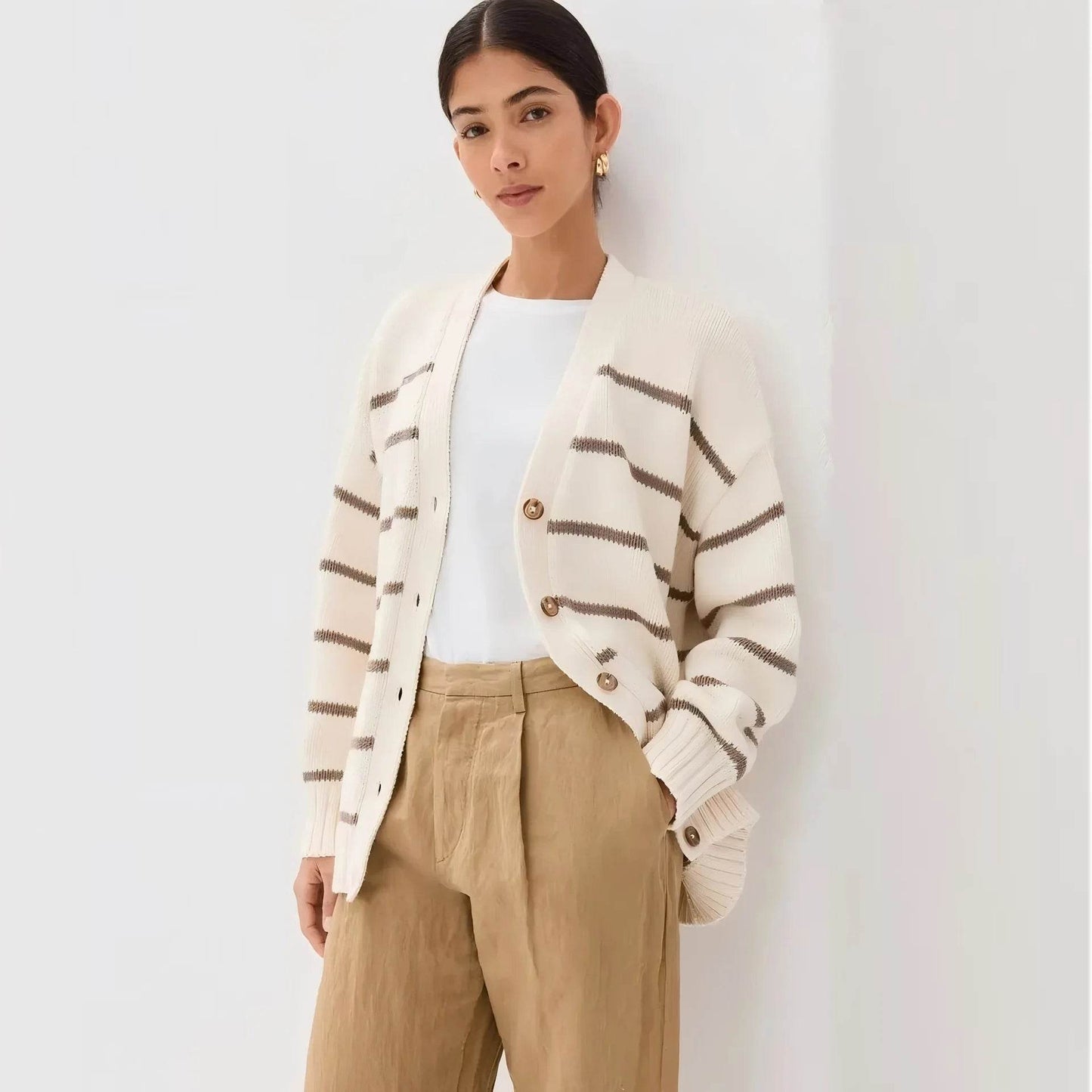 Casual Stripe Knitted Cardigan For Women 2025 Autumn Winter Single Breasted V-Neck Sweater Female Loose Coat - AIAZ