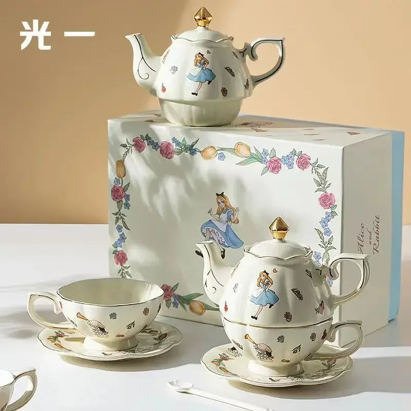 Luxury Ceramic Teapot Gift Box Cup and Pot Girl and Rabbit Ceramic Teapot Coffee Cup Dish Set Birthday Gift  for Tea Lovers