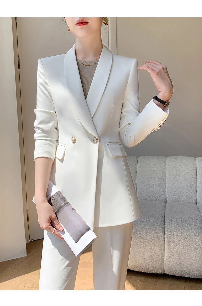 Solid White Suit Women 2025 New Spring Autumn Flares Pants High-Grade Slimming Business Clothing Sets Formal Suits Overalls
