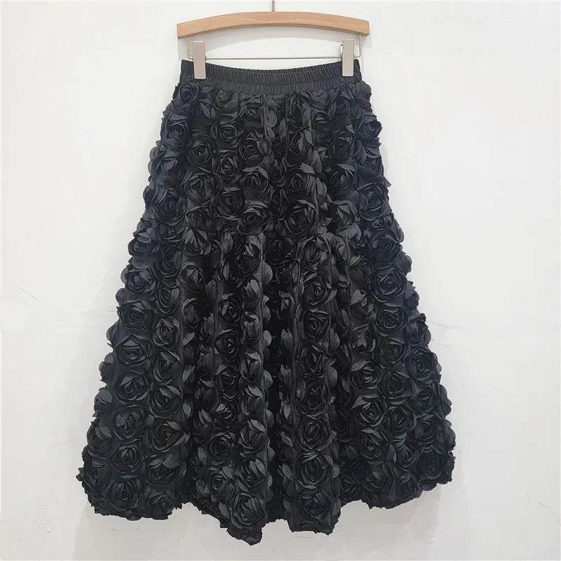 Skirt for Women 2025 Summer Versatile Three Dimensional Flower Mid-calf Skirt High Waist Big Swing Fashion A-line Long Skirts - AIAZ
