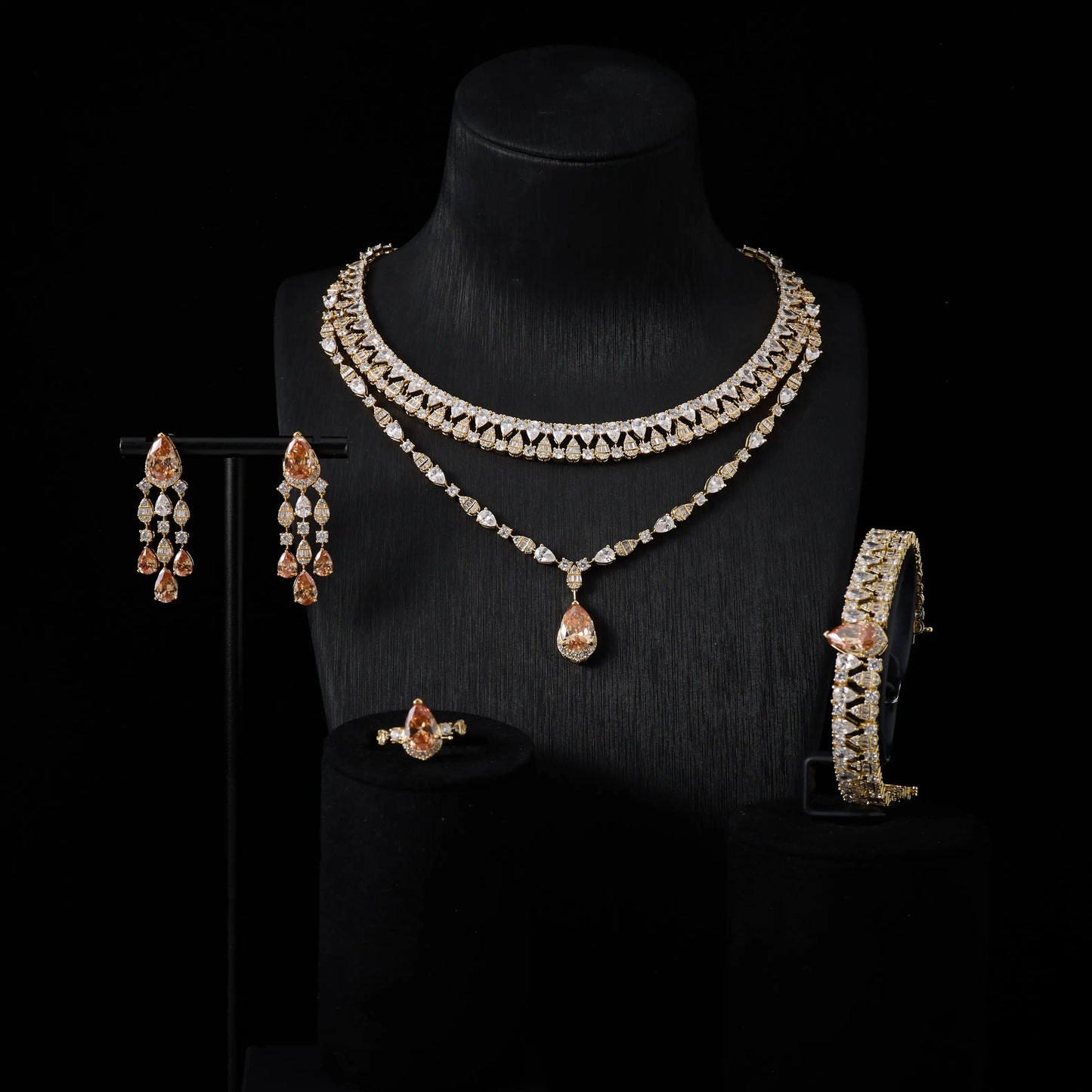 00039 Bridal Women jewelry Set Double Layer Necklace Set Cubic Zircon Wedding  Jewellery Set Dubai Saudi EngagementAccessories