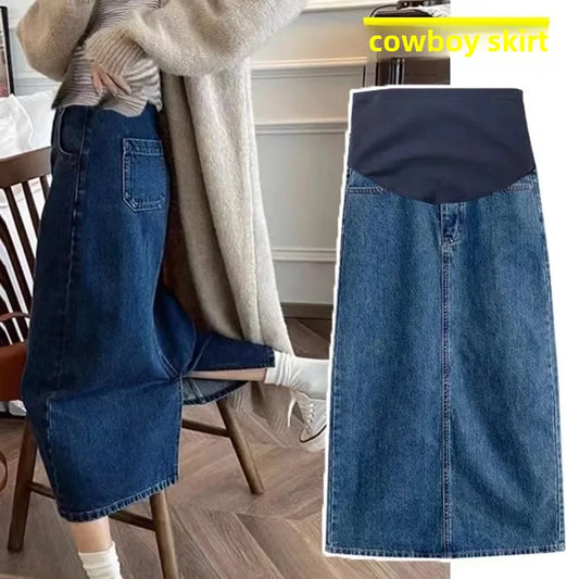 Maternity Skirt For Pregnant Women Denim Cotton Side Slit Medium Length Slimming Outerwear For Summer Spring Autumn