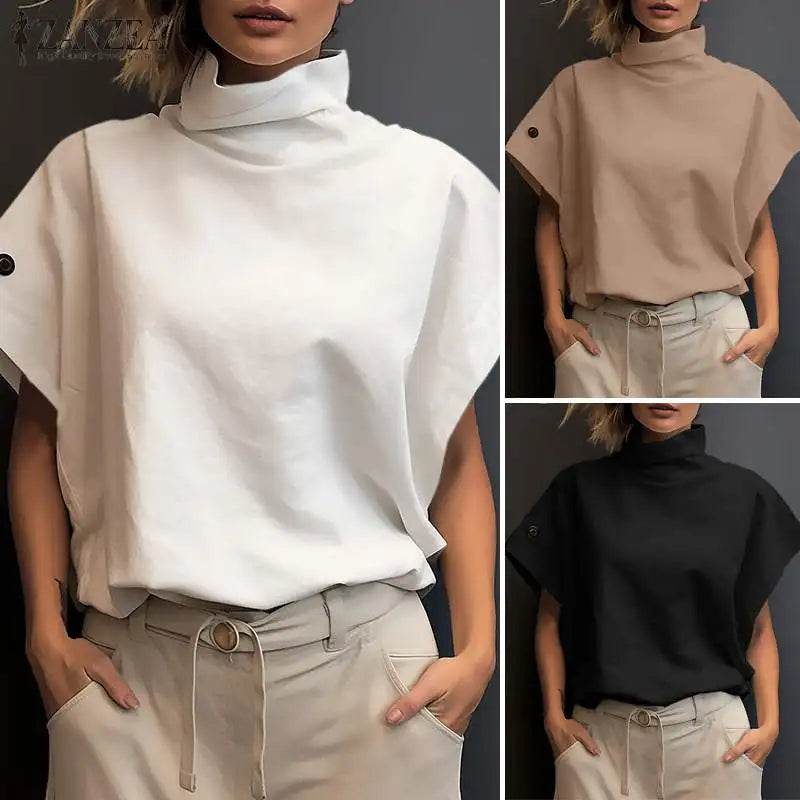 ZANZEA Women Stylish Tunic Tops Summer Office OL Shirts Short Sleeve Elegant Work Blouse Female Turtleneck Blusas Mujer Oversize - AIAZ