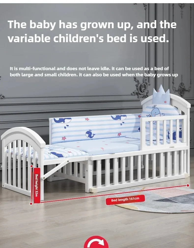 2025New Solid Wood Baby Crib Movable Splicing Bed Multifunctional Baby Rocking Bed Adjustable Guardrail Height with Mosquito Net