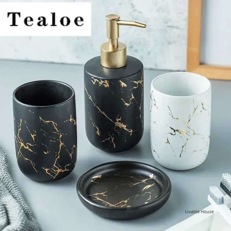 Marble Soap Dispenser Pump Bottle Ceramic Bathroom Accessory Set  Home Couple Mouthwash Cup Soap Dish Washing Tools Luxury
