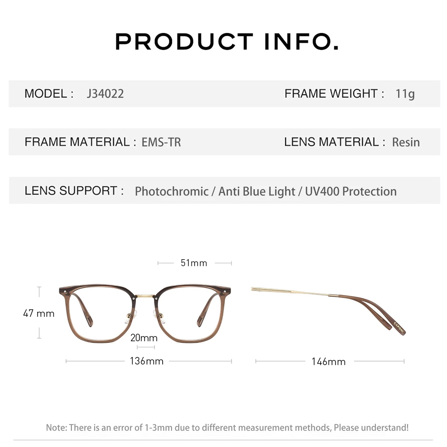 CAPONI Prescription Glasses Women Myopia Retro Light Weight Computer Anti Blue Light Glasses Photochromic Eyes Glasses PJ34022