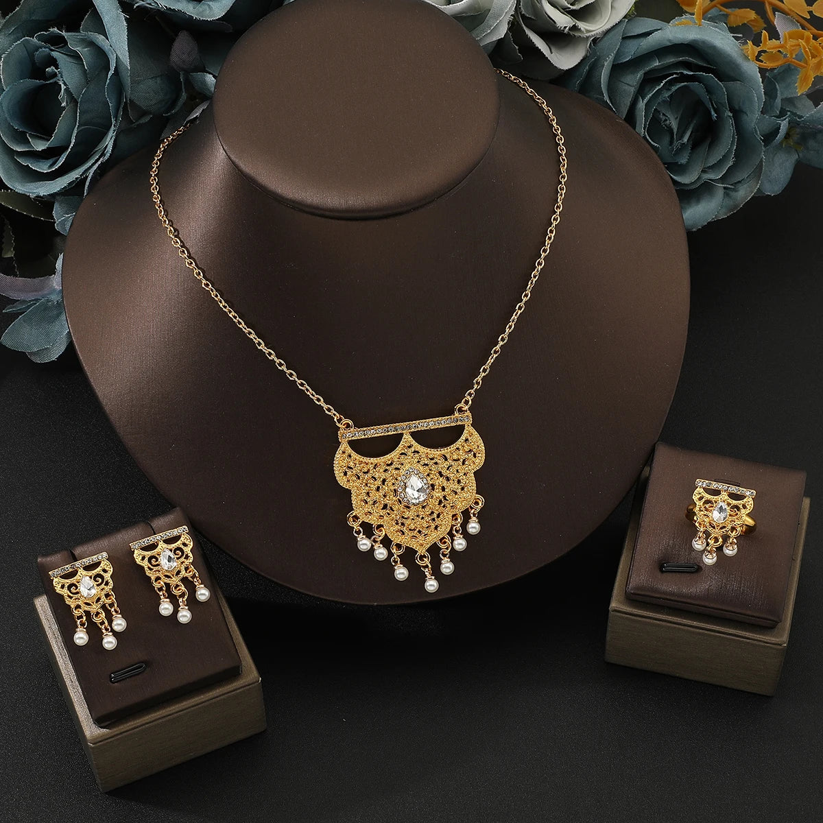 2024 New Unique Design 18k Gold Plated Stainless Steel Necklace earrings ring for women's jewelry set  Wedding Holiday Gifts