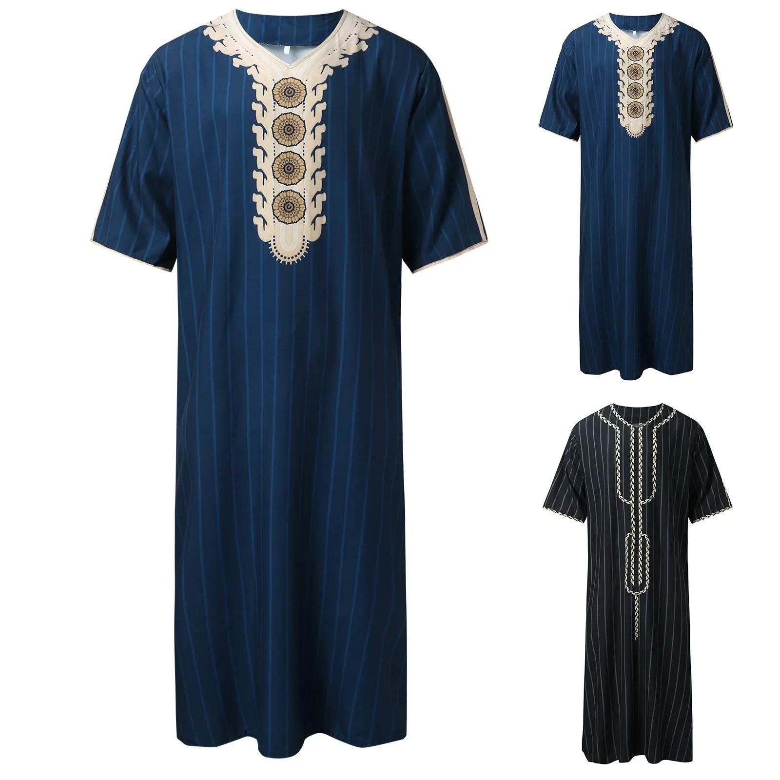 Muslim Men'S Clothing Hand-Embroidered Loose Breathable Summer Fashion Loose Robe Dubai Luxury V-Neck Short Sleeve Printing - AIAZ