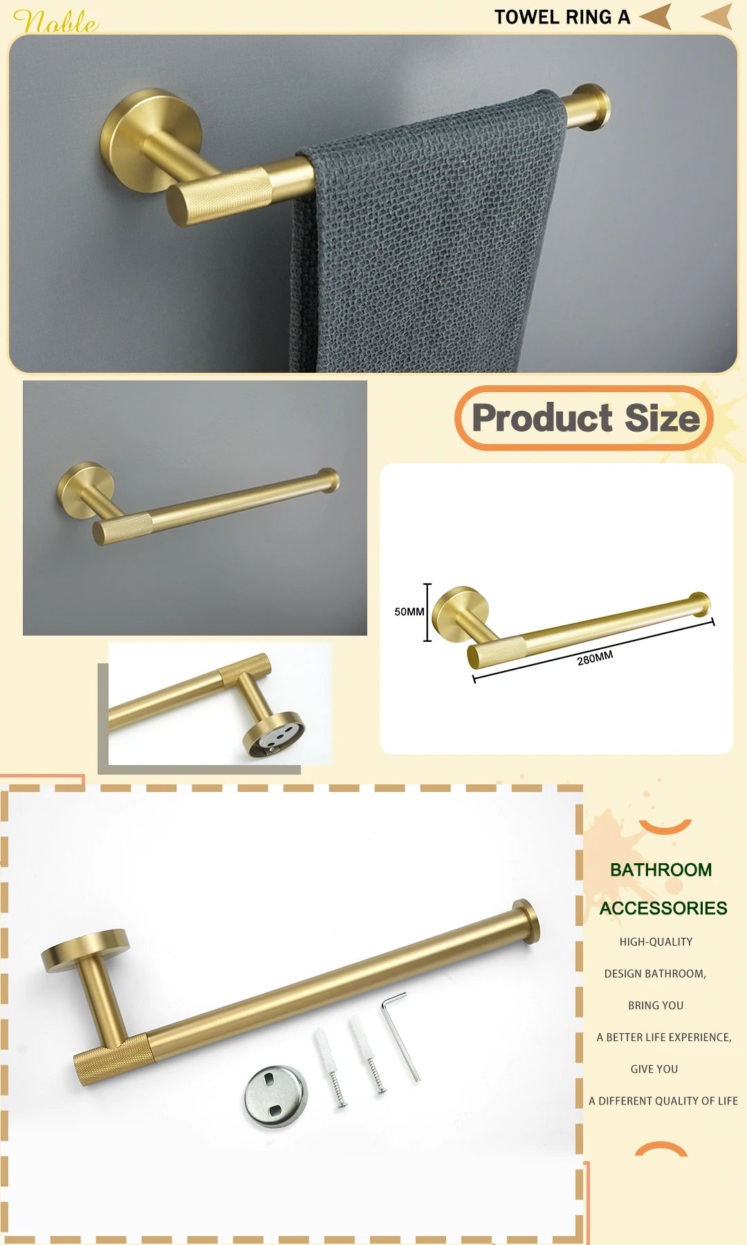 Brushed Gold Stainless Steel Wall Mount Towel Bar Towel Ring Paper Holder Bathrobe Hook Toilet Brush Bathroom Accessories