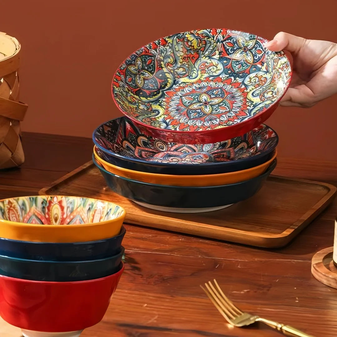 Bohemian ceramic plate 7-piece set cross-border high-value plate household new dessert plate underglazed plate spaghetti bowl