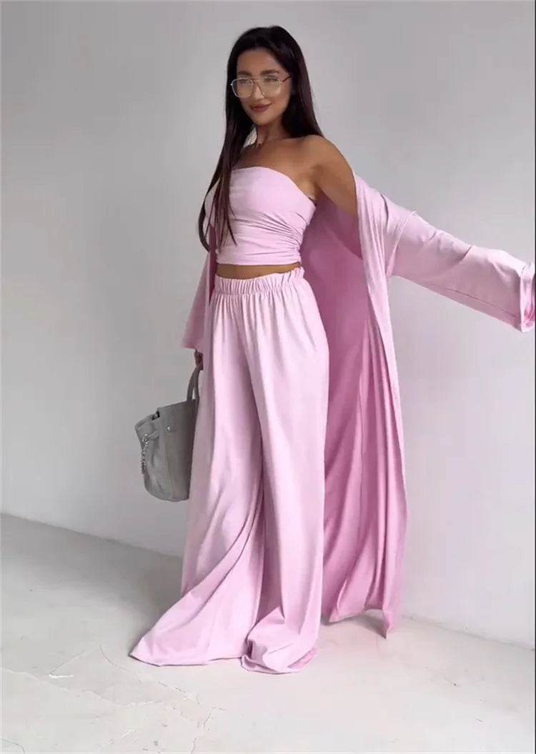 Pants Sets Women Solid Color Loose Long Cardigan Coat Tube Top High Waist Wide Leg Trousers Three Piece Set Casual Lady Suits - AIAZ