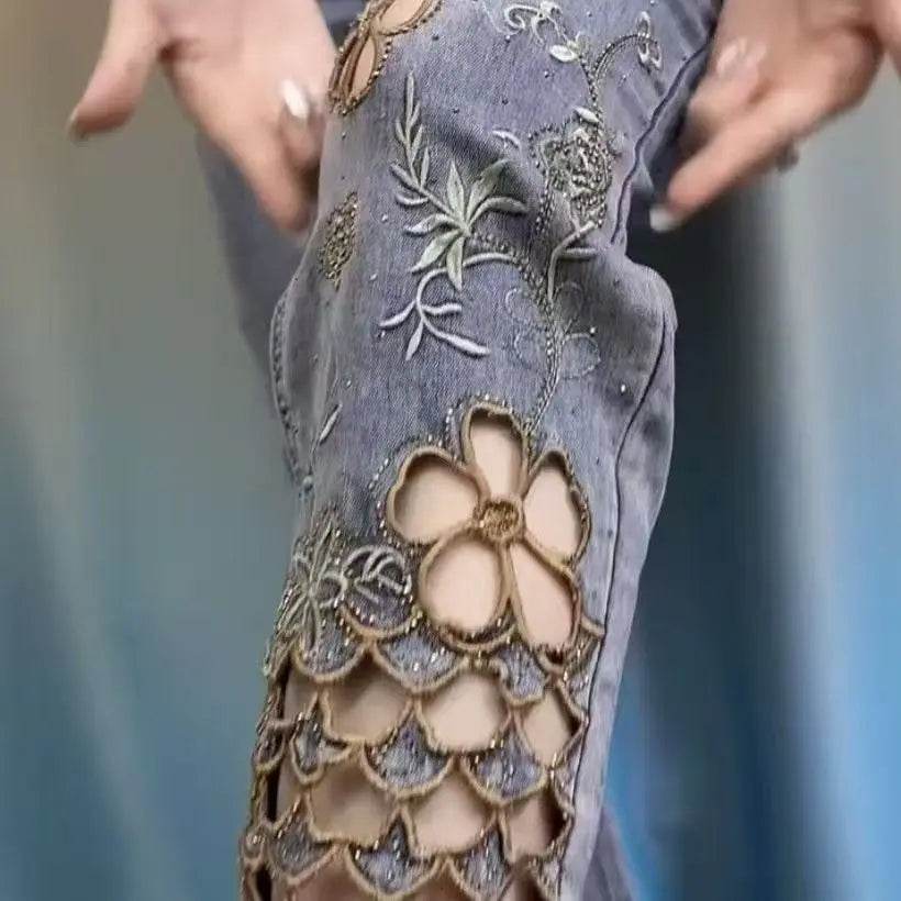 women High end hollowed out embroidered denim eight cigarette tube pants 2025 new summer thin high waist stylish denim tube pant - AIAZ