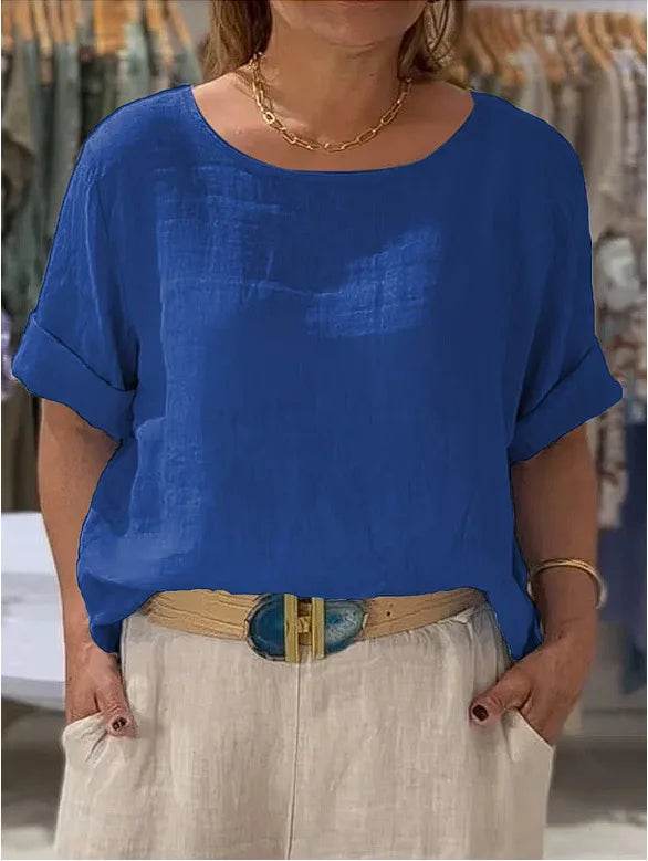 Women's Shirt Summer Fall New Solid Top Fashion Mid-sleeve O-neck Cotton Linen Button-up Casual Loose Shirts For Women Clothing - AIAZ