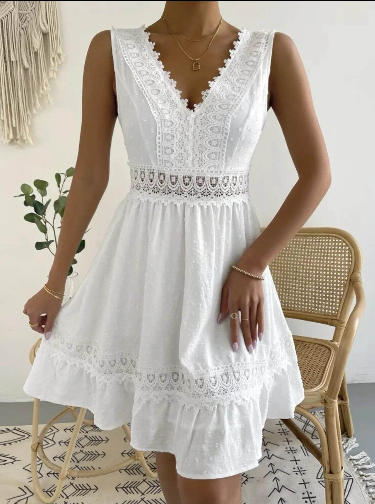 Women's White Party Dress Fashion Lace V-neck Ruffle Hook Flower Hollow Waist Mini Women Dresses Summer Sexy Prom Female Vestido - AIAZ