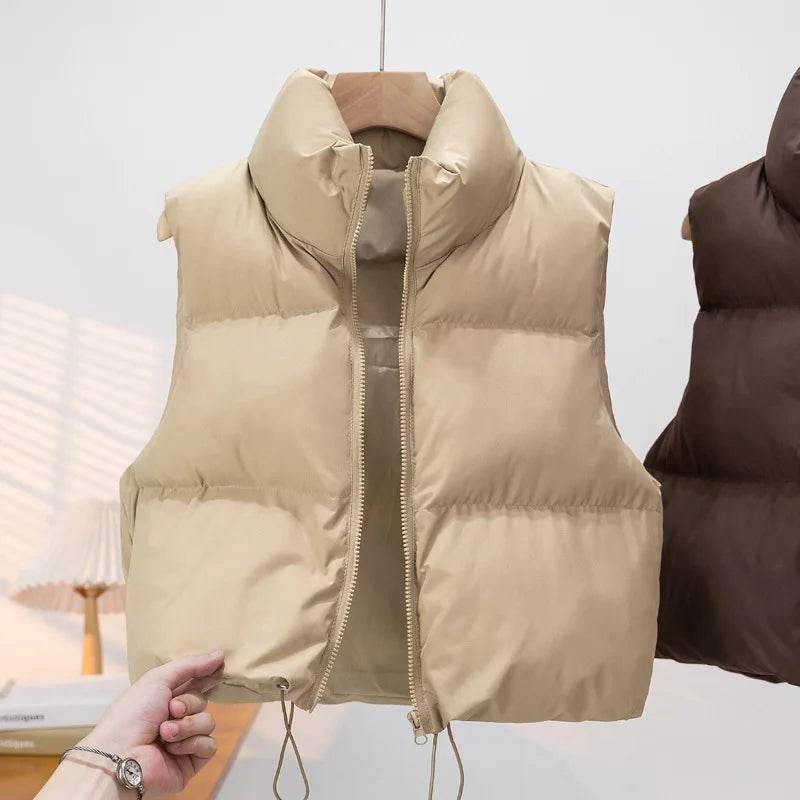Elegant Chic Vests Fashionable Sleeveless Stand Collar Zipper Basic Autumn Winter Jacket Thick Warm Casual Women Vest Jacket ﻿ - AIAZ