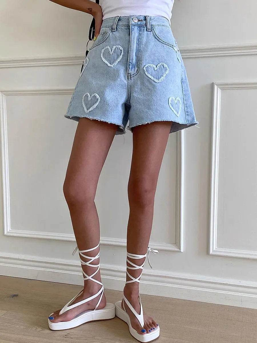 Women's Jeans Shorts Blue Cute Raw Edge Heart Pattern High Waist Fashion Denim Hot Pants Y2k Summer Casual Clothing - AIAZ