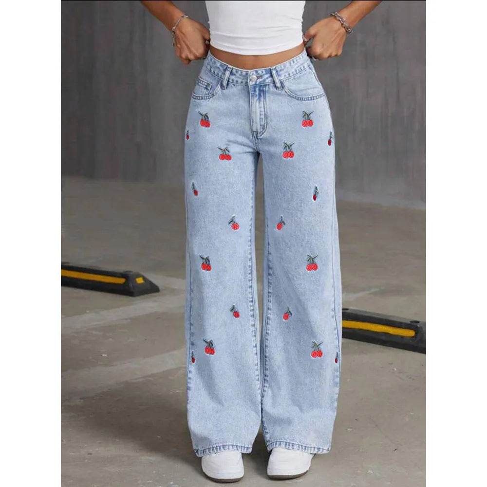 Denim Wide Leg Pants Women Jeans Embroidery High Waist Distressed Washed Mom Pockets Vintage Floor Length Trousers Streetwear - AIAZ