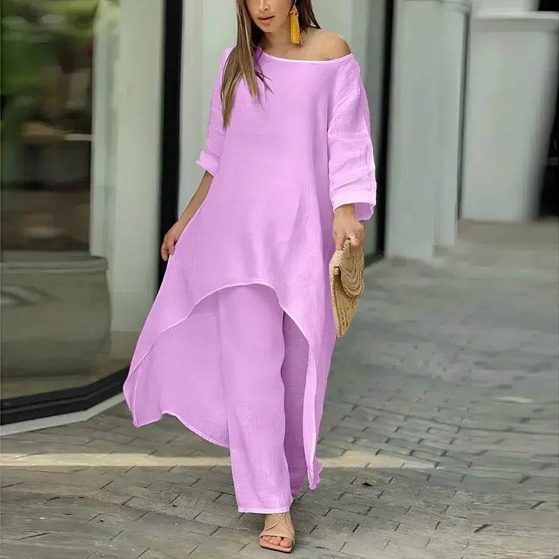 Women's Sets 2 Pcs Sale Casual O-Neck Long Sleeve Asymmetrical Dress& High Elastic Waist Wide Leg Solid Pant Suits Plus Size - AIAZ
