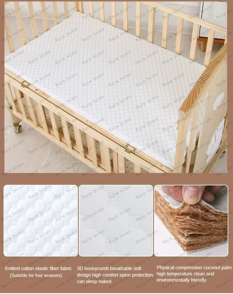 Solid wood spliced crib Multifunctional European style children's bed Movable newborn cradle large bed Baby Rest Chair
