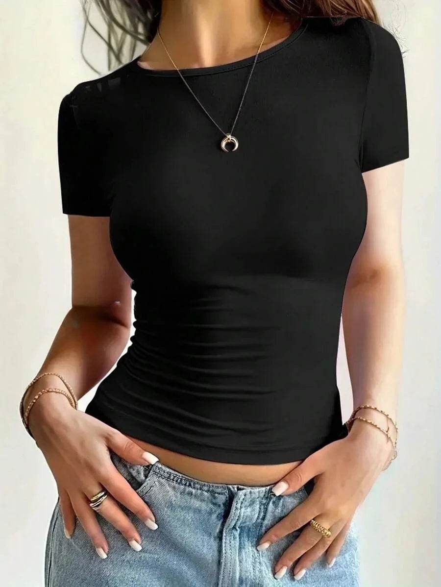 Summer Women's Tops Causal Basic T-Shirts Scoop Neck Short Sleeved Crop Tops Cute Slim Fit Tees Pullovers Clothing Y2K 2025 New - AIAZ