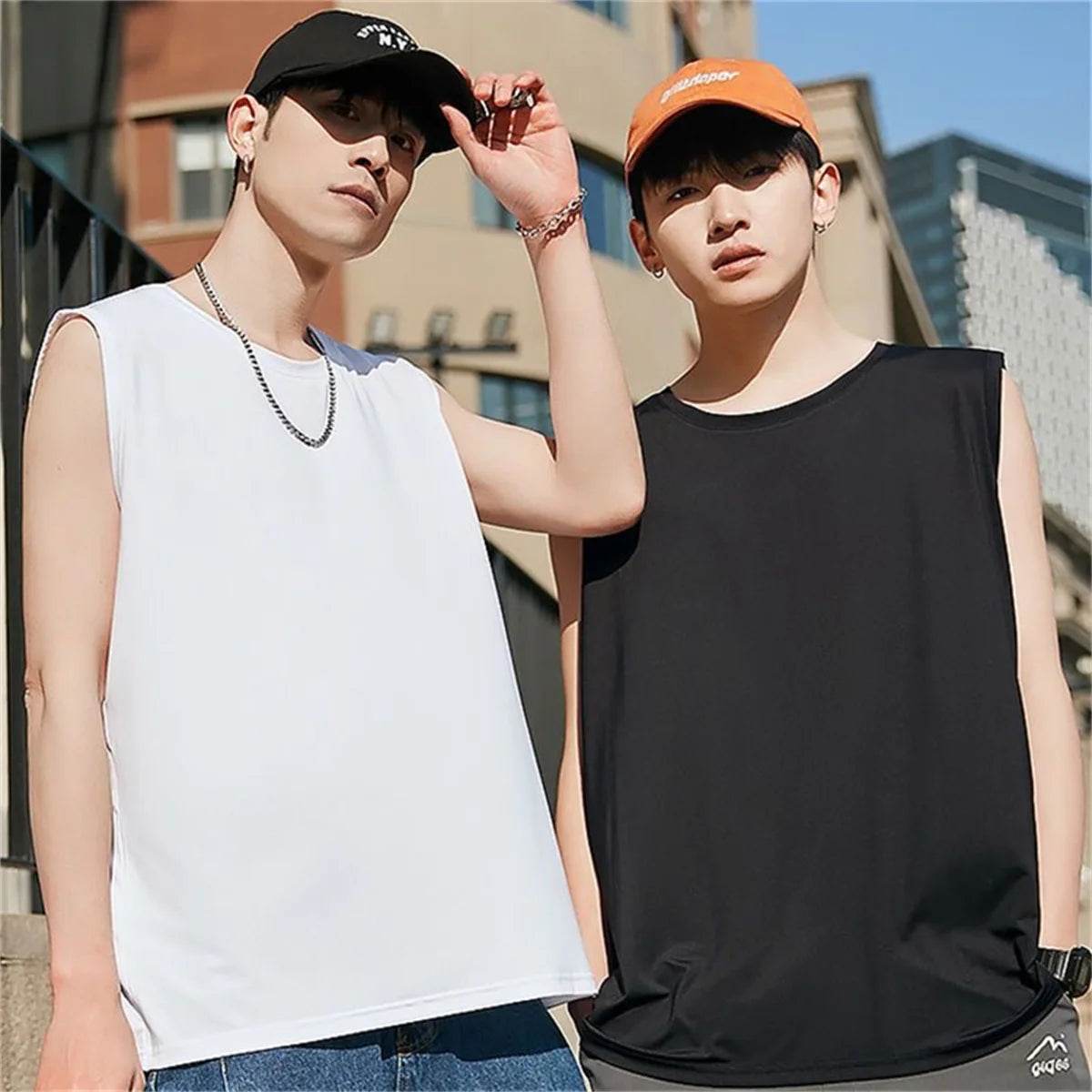 Men's solid color casual sleeveless tank top round neck Breathable Vest sweat drying tank top suitable for summer sports - AIAZ