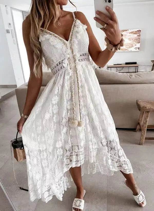 Women's Dress White Hollow Out Cotton Sundress Lace Sleeveless Long Splicing Summer Party Elegant Evening Woman Skirt Clothing - AIAZ