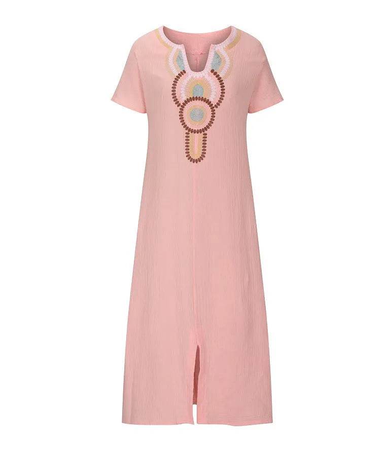Boho Vintage Embroidered Cotton Linen Long Dresses Women Summer 2025 New V Neck Split Hem White Dress Beach Party Dress Robe - AIAZ