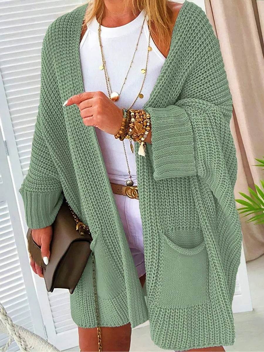 2025 New Knitted Long Cardigan for Women Autumn Casual Loose V-Neck Sweater Coats Ladies Elegant Solid Jumper Jacket with Pocket - AIAZ