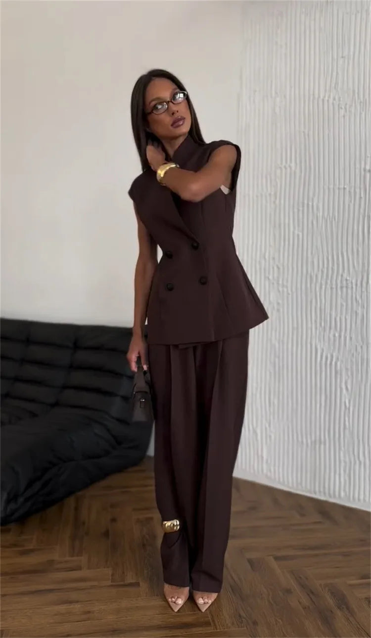 Street Slim Vest Pant Outfit Spring Women Sleeveless Double Breasted Tank Top+High Waist Zip Wide Leg Pants Summer Two Piece Set