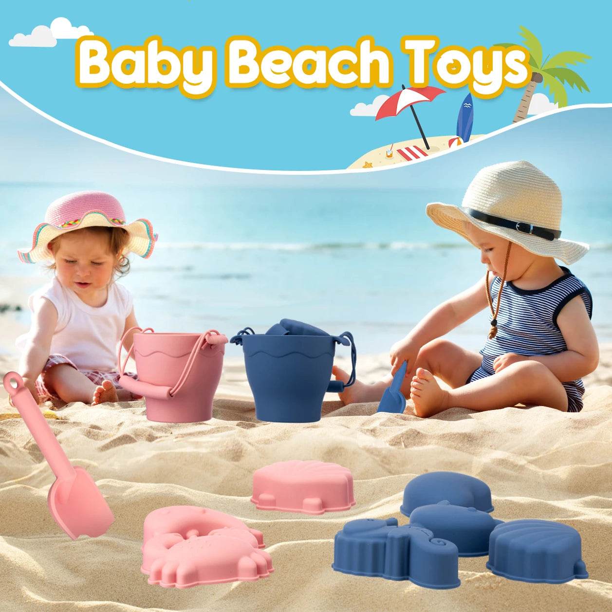 TYRY.HU 8pcs/set Children Toys Silicone Beach Toy Set with Bucket and Six Accessories Fun Outdoor Play Sand for Kids - AIAZ