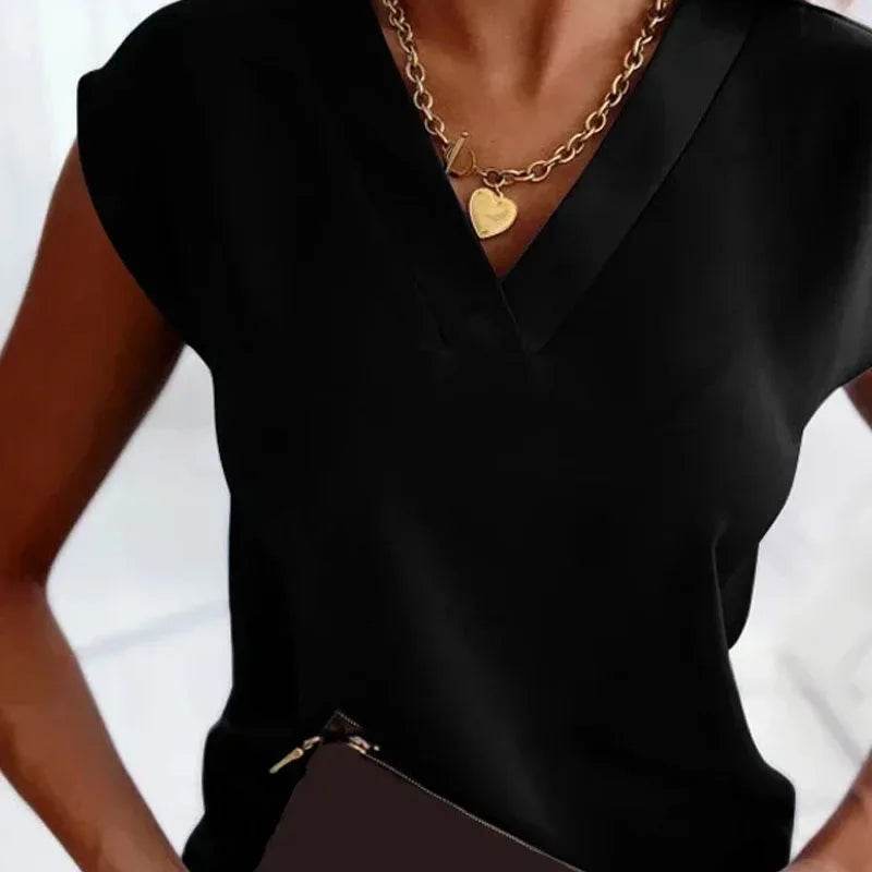 2025 Fashion Summer Casual Shirts Office Lady Tops Mujer Elegant Simple Blouse Women Short Sleeve V-Neck Woman Clothes 25684 - AIAZ