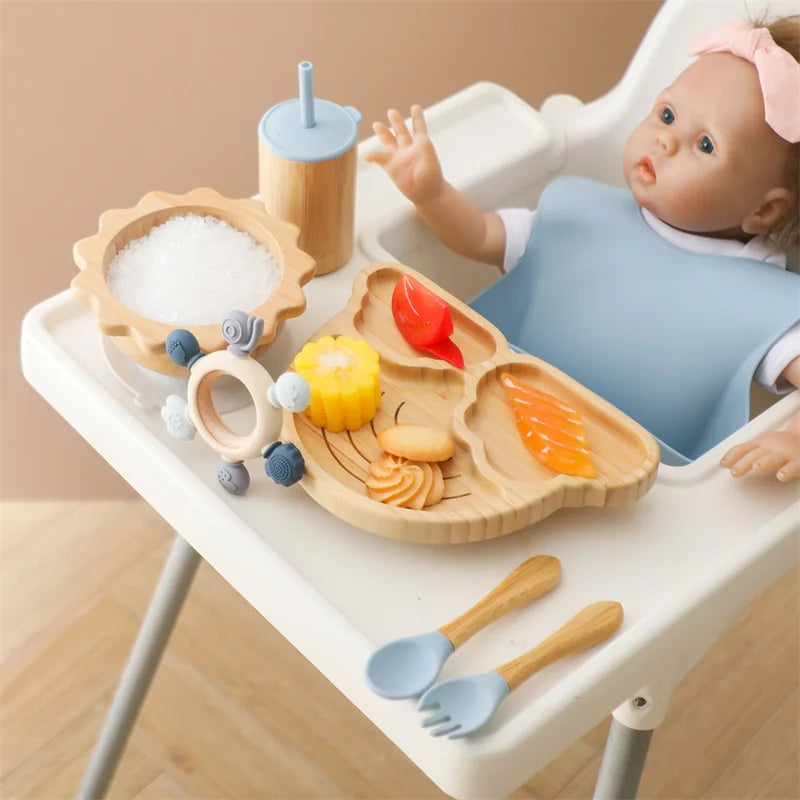 7pcs Silicone Baby Feeding Set Baby Feeding Supplies Kids Bamboo Dinnerware With Cup Children's Dishes Bowl Stuff Tableware Gift