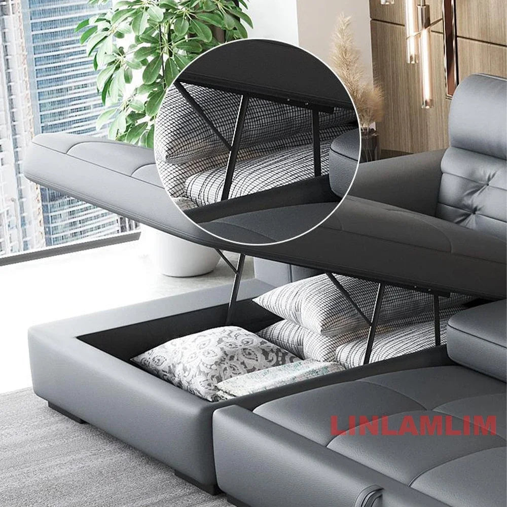 MINGDIBAO Sectional Sofa Bed with Storage, Genuine Leather Reclining Couch, Space-Saving Convertible Sleeper Sofa in Living Room