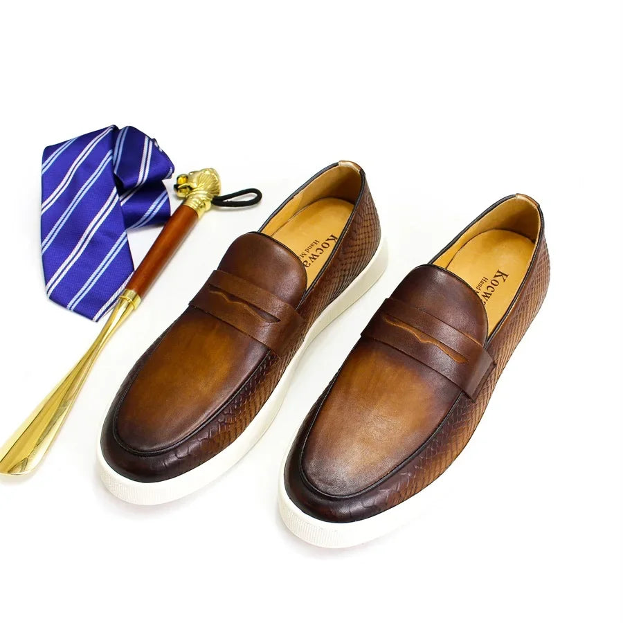 Handmade Genuine Leather Men's Loafers Red Crocodile Pattern Penny Slip-On Dress Flats for Office Wedding Party