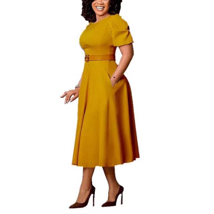 Elegant Office Dress for Women Professional O Neck Short Sleeve Belt Waisted A Line Mid Calf Formal Business Work Dress Midi New - AIAZ