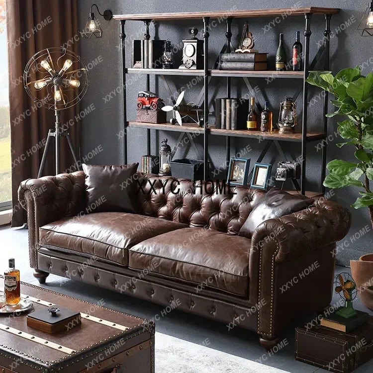Imitation Oil Wax Leather Vintage Style Roll Arm Chesterfield Sofa Living Room Furniture de Salon