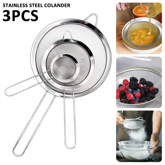 Stainless Steel Sieve Mesh Filter Slotted Spoon Kitchen Essential 3 Pack Fine Food Strainer with Long Handle for Cooking