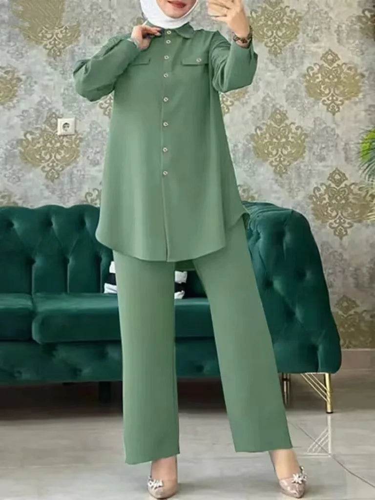Women Fashiom Muslim Sets Casual Long Sleeve Blouse Trousers Suits Loose Pant Sets Two Piece Sets Outifits Matching Sets - AIAZ