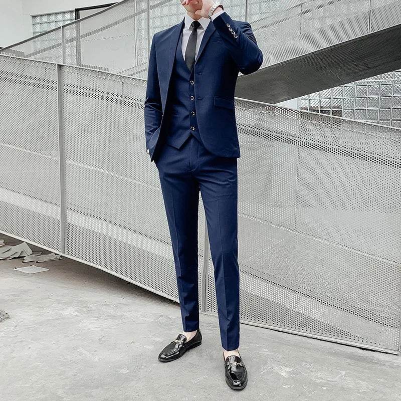 Suit (Blazer+ Vest + Pants) Men's Business Gentleman Fashion Slim Work Solid Color Plus Size Fair Dress Wedding Best Man Suit - AIAZ