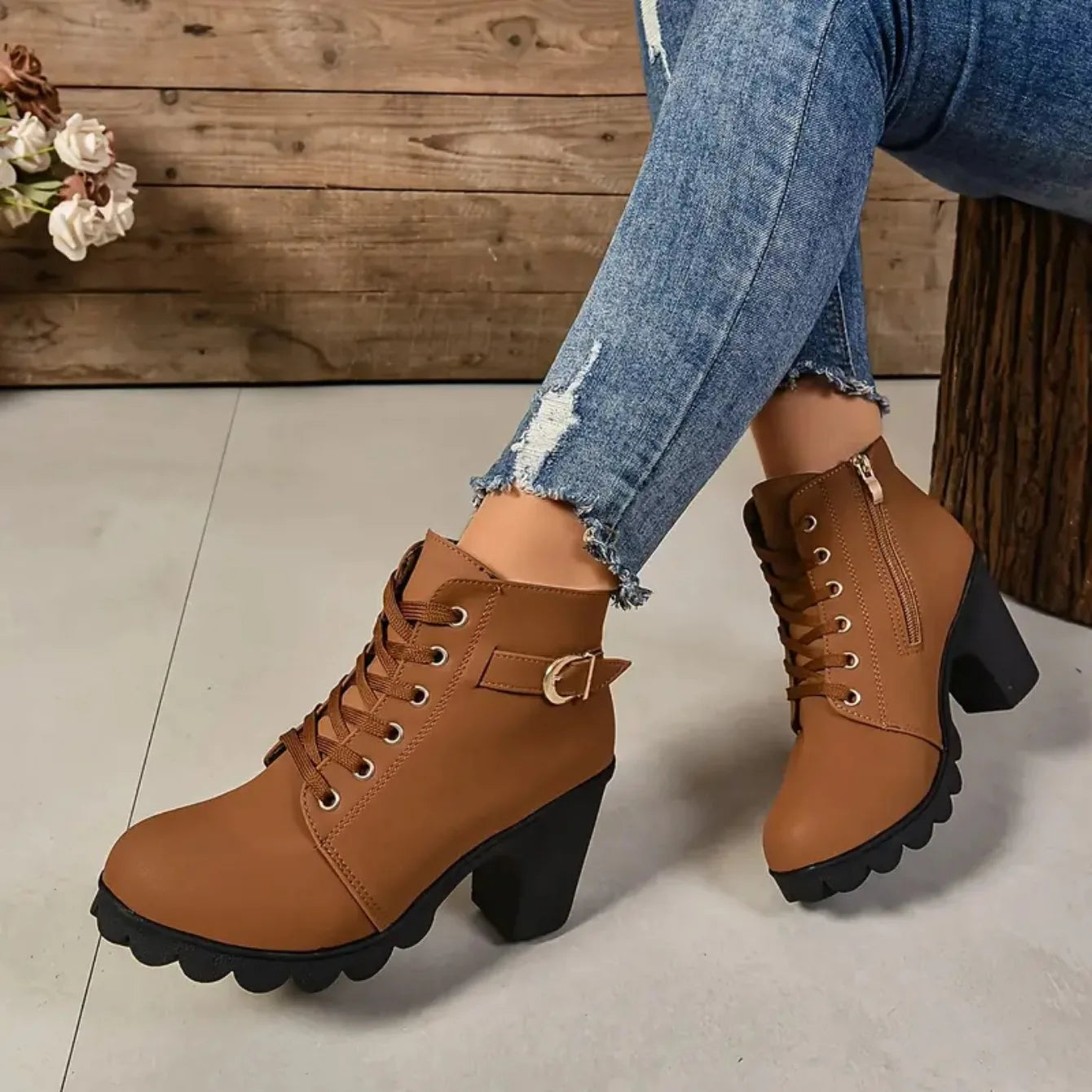 Women Boots Autumn Winter High Quality Boots Lace-up High Heels Shoes for Women Outdoor Fashion Anti-slip Boots Botas De Mujer