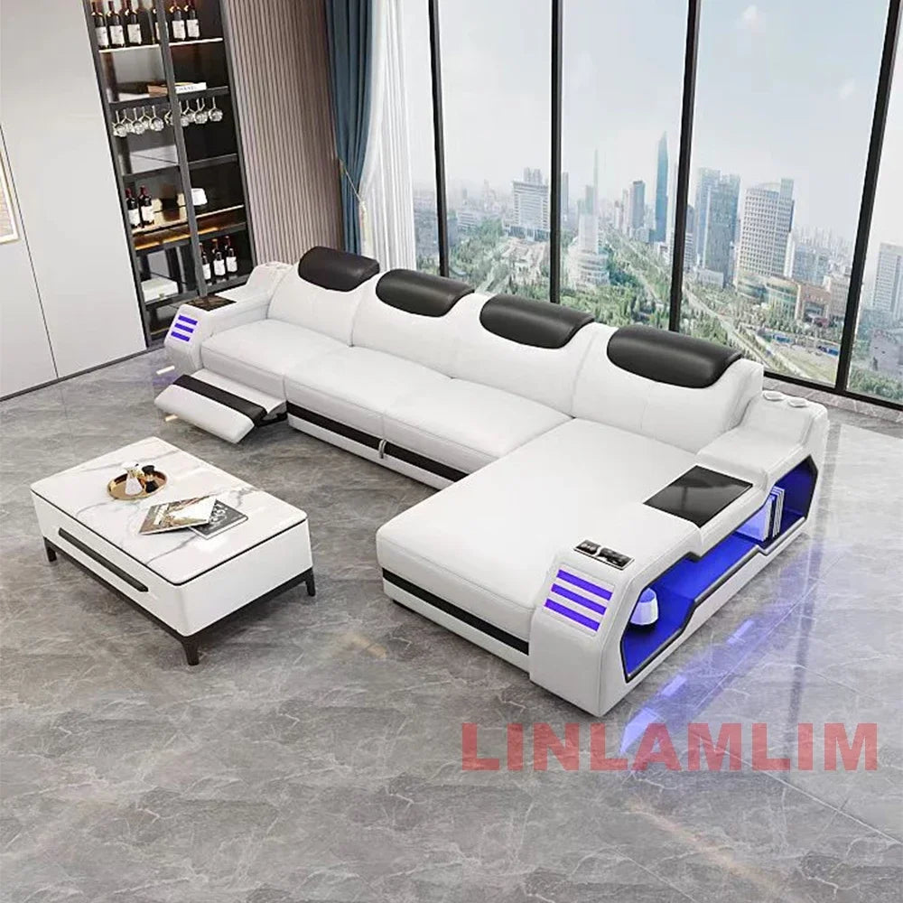 Modern L-Shaped Sectional Sofa Bed with Adjustable Headrests & LED Lights, Genuine Leather Recliner Couch with Storage & USB