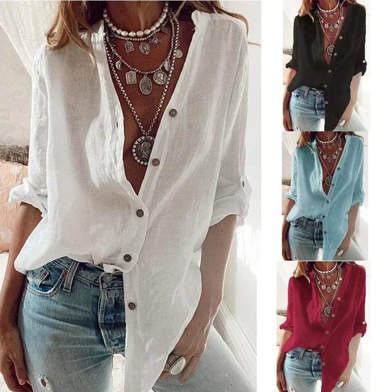 Summer Women's Cotton Linen Shirt Fashion Solid Color Casual Loose Button V-Neck Long Sleeve Top Commuter Wear - AIAZ