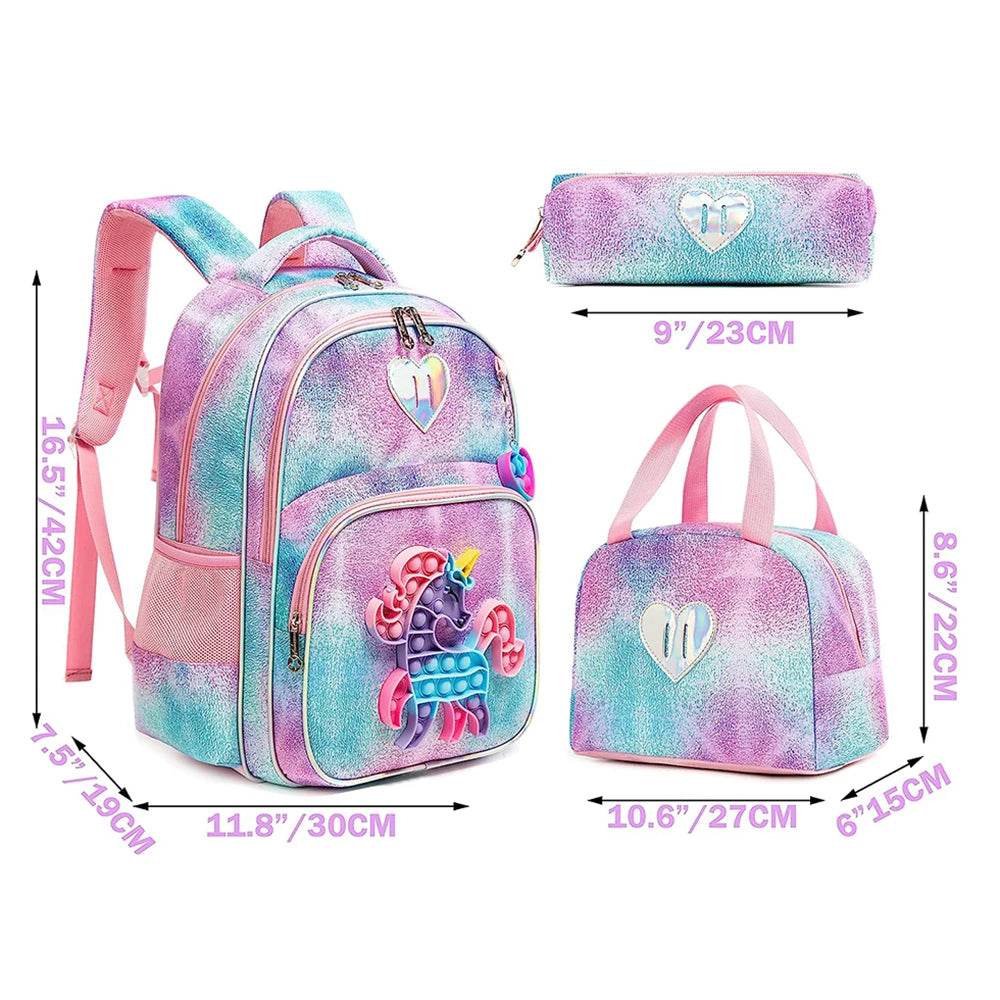 3pcs Kids Backpacks for Girls School Bag with Lunch Box Set Cute Bookbag for Primary School - AIAZ