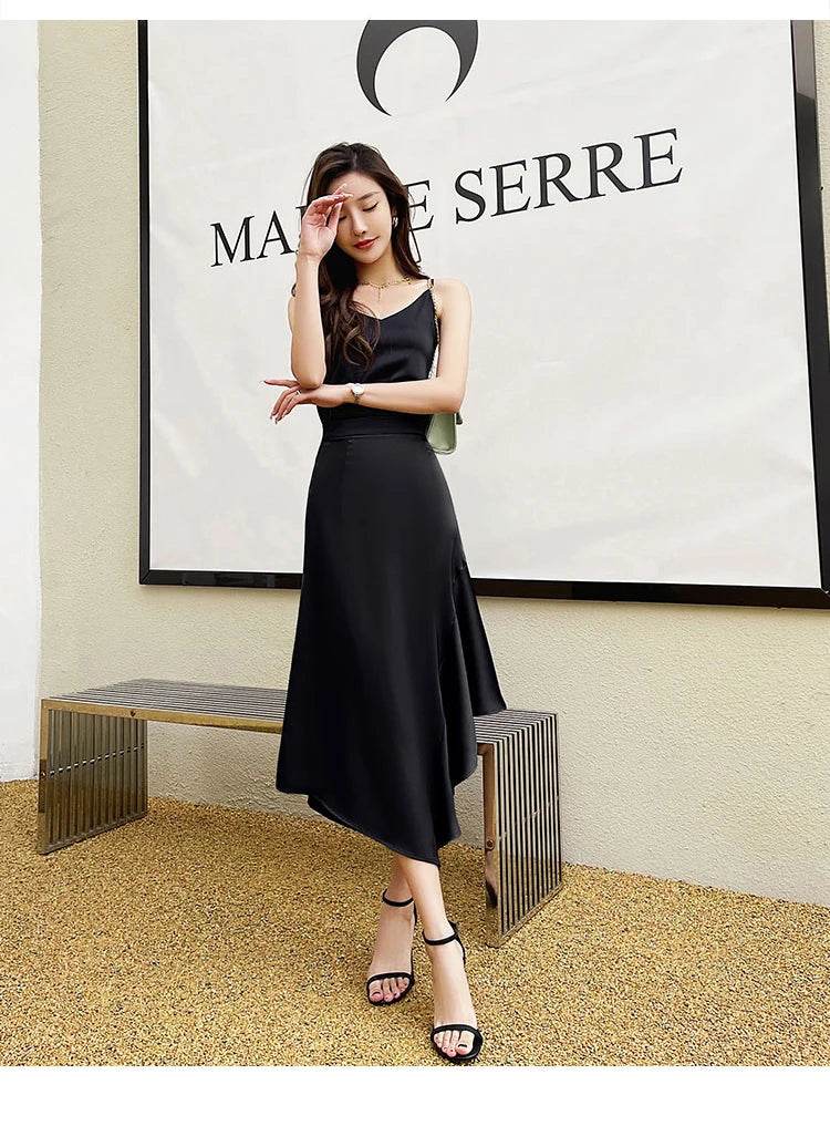Elegant High Waist Satin Skirts Women Irregular Mermaid Skirt Fashion Streetwear Casual A-Line Skirts Office Lady Long Skirts - AIAZ