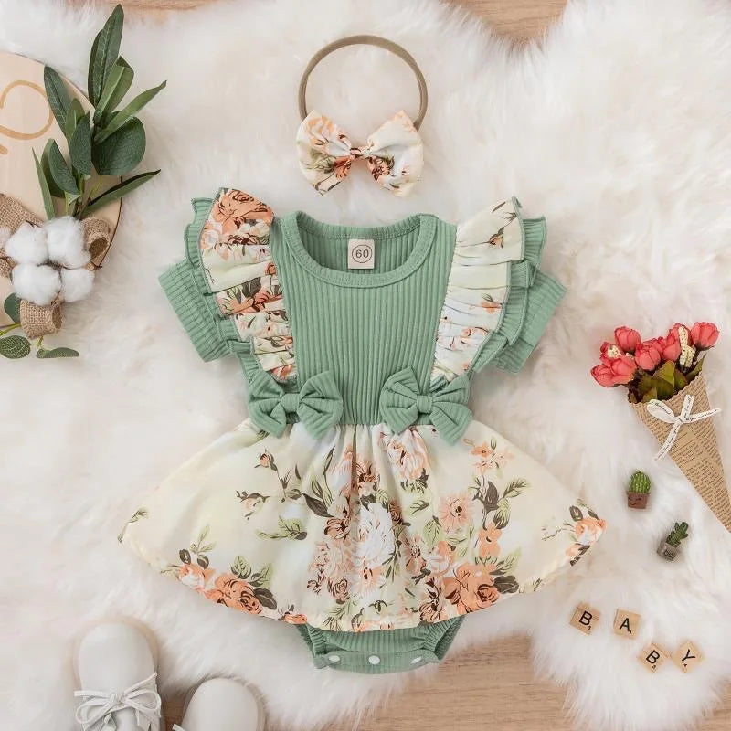 Summer Baby Girl Dress With Bowknot headband Striped Jumpsuit Cotton Dress For Newborn Floral Clothes Baby Crawling Clothes