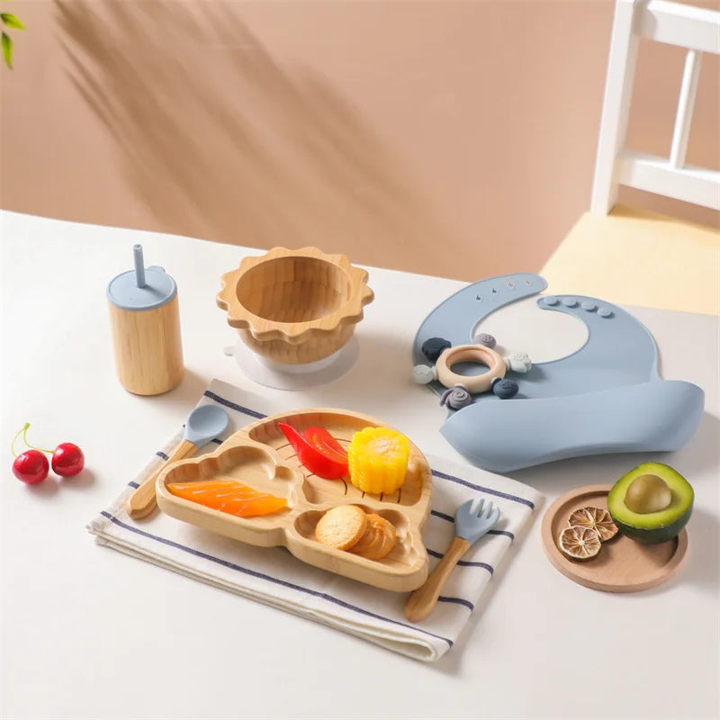 7pcs Silicone Baby Feeding Set Baby Feeding Supplies Kids Bamboo Dinnerware With Cup Children's Dishes Bowl Stuff Tableware Gift